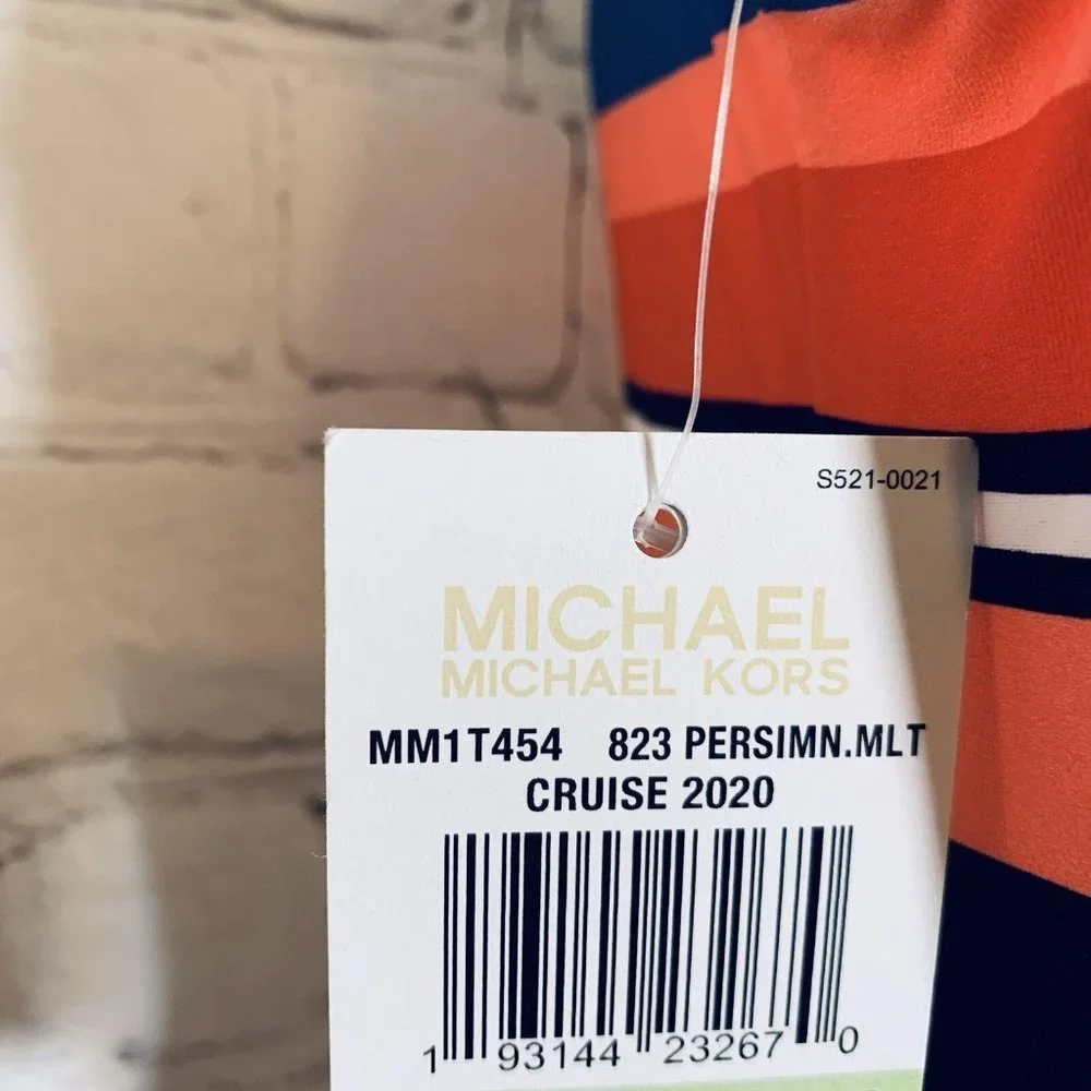 ☀️Michael Kors Striped Chain-Ring One-Piece Swimsuit Persimmon Multi Size 4 NWT - Picture 5 of 8